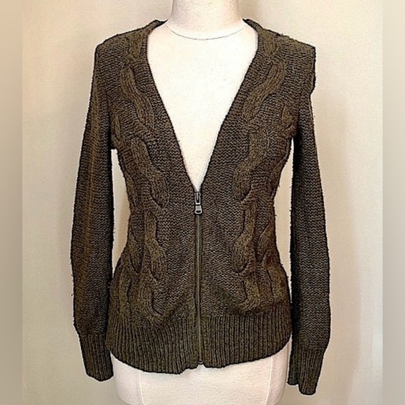 LOFT Sweaters - LOFT Olive Green Cable Knit Wool Blend Front Zip Cardigan Sweater Size Small
